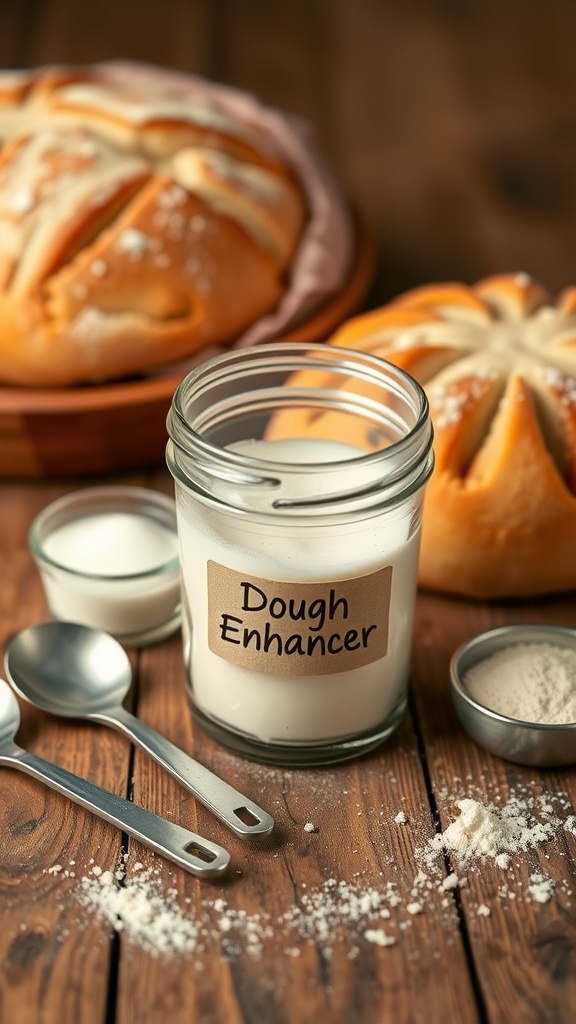 A jar of homemade dough enhancer on a rustic table with fresh bread in the background.